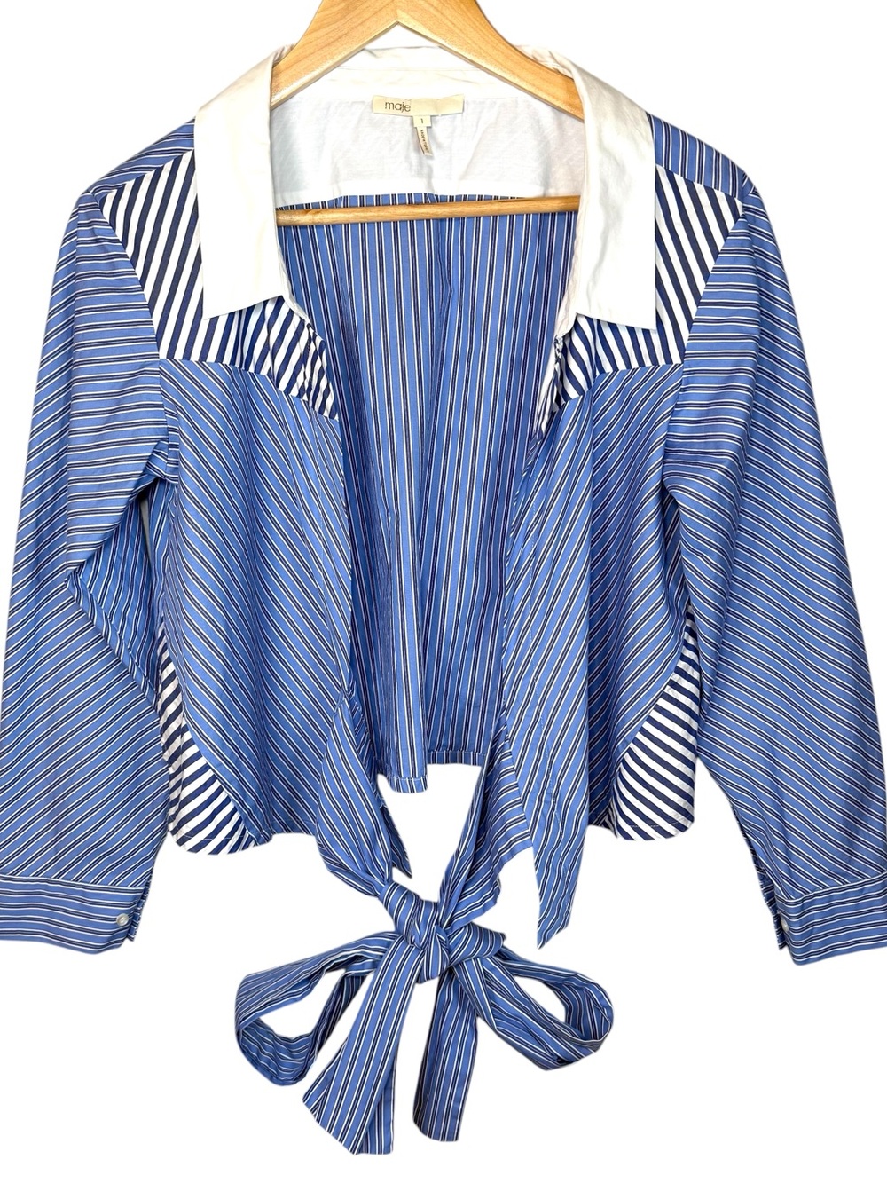 Maje Paris Blue Striped Tie Front Cropped Blouse Shirt Top Size 1